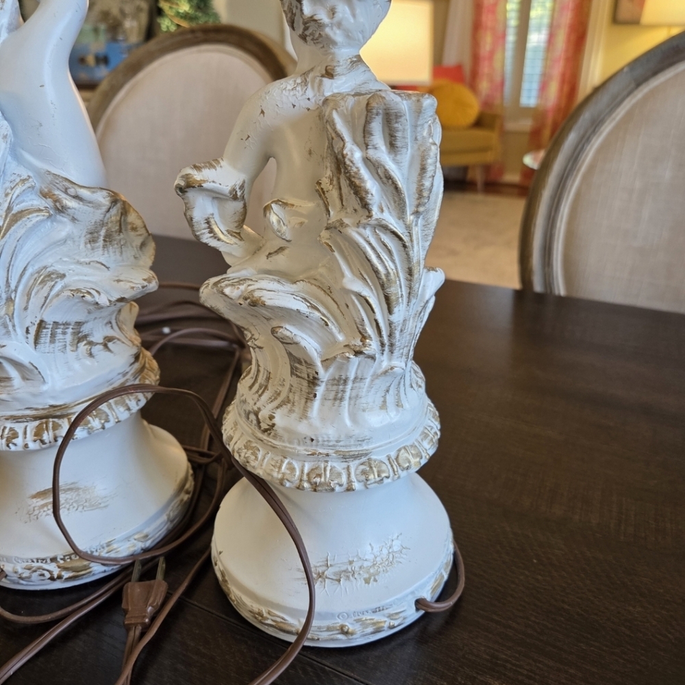Vintage Cherub Table Lamps Off White Gold Hues Matching Set - Picture 12 of 16